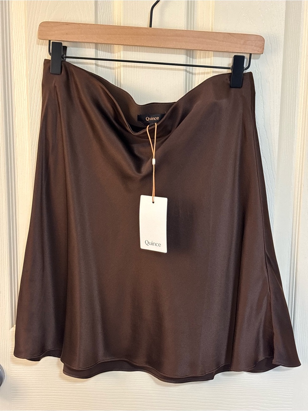 Quince 100% Mulberry Silk Bias Cut Slip Skirt Chocolate Brown L Satin A-Line - Picture 2 of 11